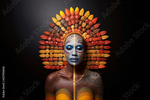 Murais de parede Portrait of stylish African woman in native traditional costume with ethnic headdress and tribal paint on face
