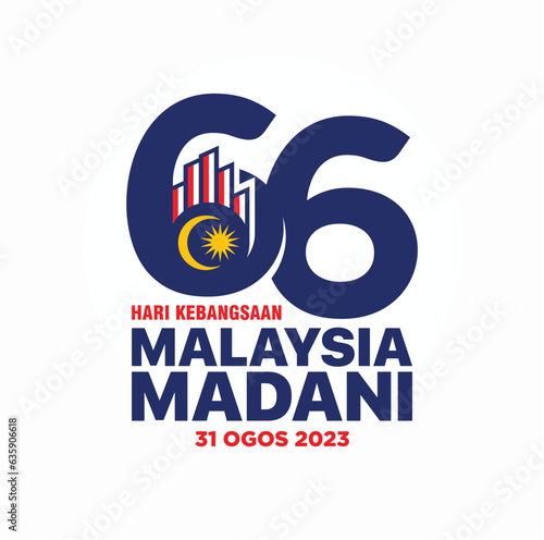 August 31, 2023: 66 Selamat Hari Kebangsaan Malaysia Madani (Translation: Independence Day of Malaysia). 1957 - 2023. Vector Illustration.