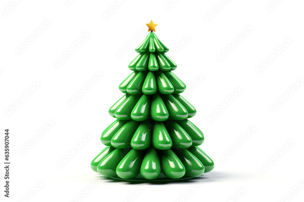 Plastic 3d New Year pine tree with golden star on top on white background. Merry Christmas concept Plastic 3d New Year pine tree with golden star on top on white background. Merry Christmas concept