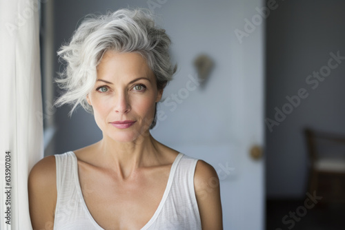 Portrait of beautiful adult white woman in age of 50s standing indoor home interior in daylight. Active age concept