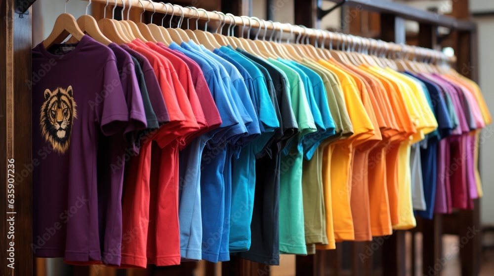 Colorful t-shirts on hangers in a shop, closeup