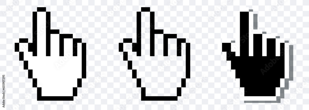 Mouse pixelated cursor. Mouse hand cursor. Computer Mouse click cursor. Black vector icon. Vector clipart. Mouse pixelated cursor. Mouse hand cursor. Computer Mouse click cursor. Black vector icon. Vector clipart.