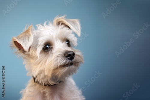Portrait of funny white fluffy furry dog on blue background. Pet animal studio shot concept