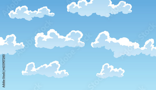 Cartoon clouds landscape light background. Cloudscape in blue sky, white cloud illustration. Blue sky panorama, vector pattern