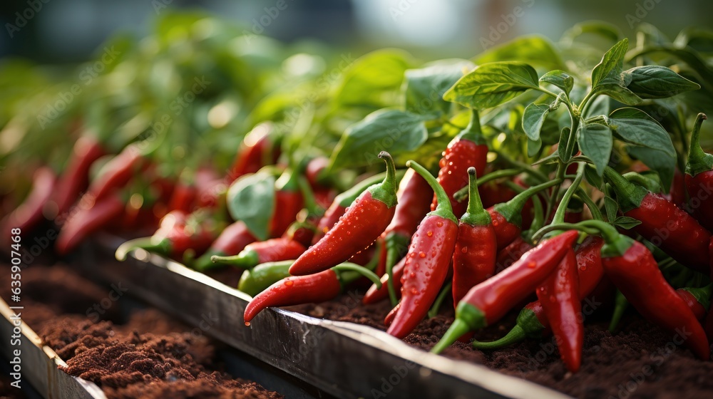 Red and green chilies growing in the vegetable garden Red and green chilies growing in the vegetable garden