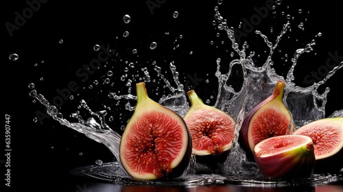  a group of figs with water splashing on them. generative ai