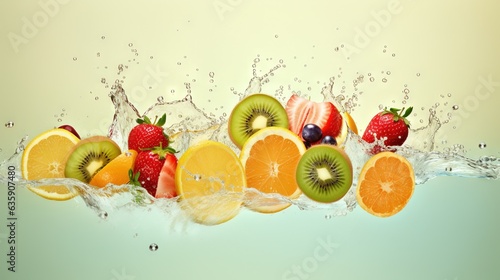  a bunch of fruit that is in the water with some water splashing on it. generative ai