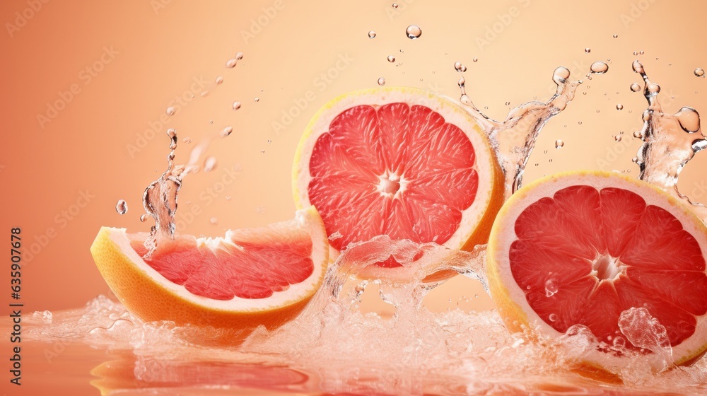 a grapefruit cut in half being splashed with water. generative ai a grapefruit cut in half being splashed with water. generative ai