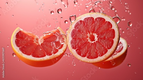  a grapefruit cut in half with water droplets on a pink background.  generative ai