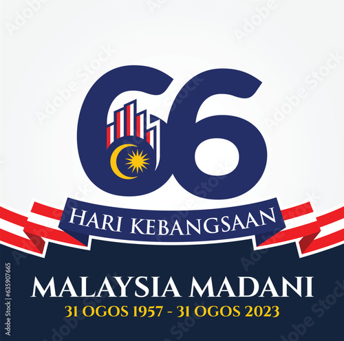 August 31, 2023: 66 Selamat Hari Kebangsaan Malaysia Madani (Translation: Independence Day of Malaysia). 1957 - 2023. Vector Illustration.