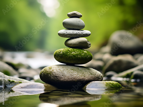 Pile pyramid of stones stacked in balance and harmony, near the water, green blue and white