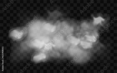 Smoke cloud stream. Transparent fog effect. White vector cloudiness, mist or smog background. Vector illustration isolated transparent special effect
