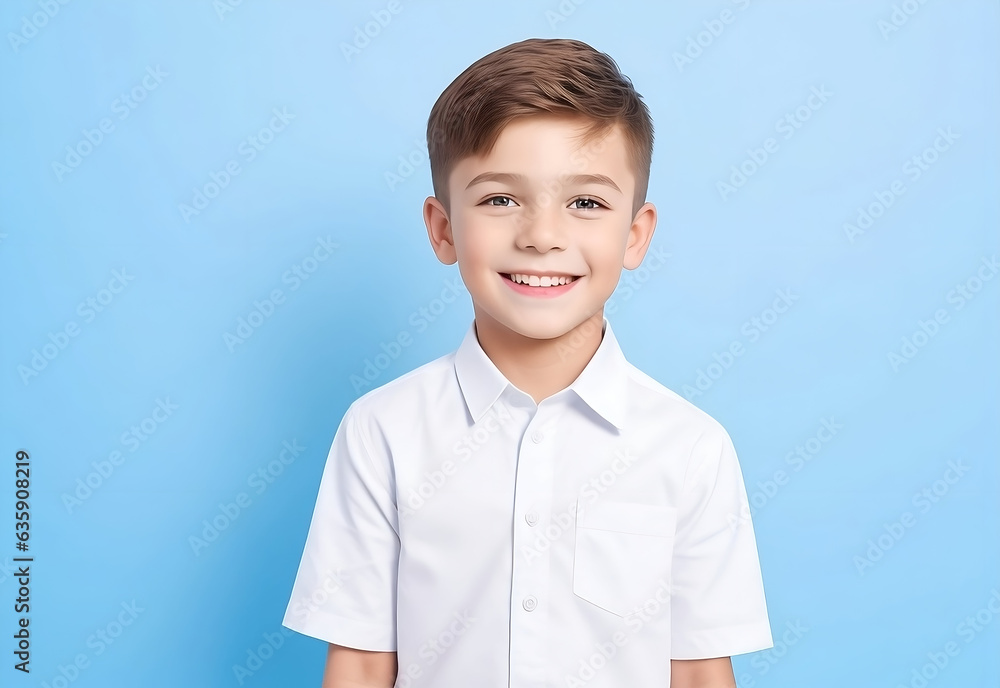 portrait of male child, american, european, canadian, australian cute smiling little boy wearing white shirt cloths in blue background portrait of male child, american, european, canadian, australian cute smiling little boy wearing white shirt cloths in blue background