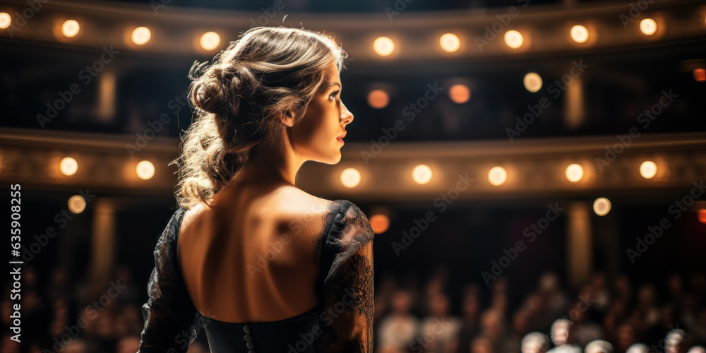 Soprano Opera Singer in Elegant Dress: A photo of a soprano opera singer in an elegant dress, performing on stage in an opera house.