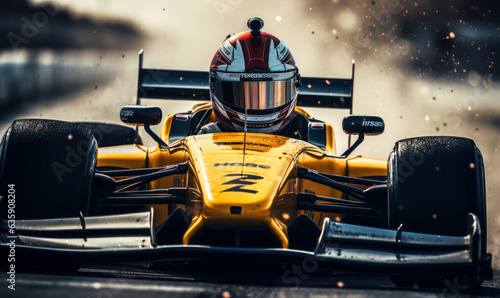 Driving with Intensity: Racer in Helmet on the Track