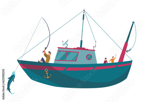 Fishing boat. Commercial fishing industry. Banner with watercraft or motor boat for fishing industry and fishermen characters. Fishermen on fishing ship with nets