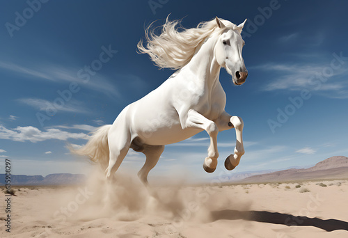 beautiful White horse galloping running fast on the sand in two legs 