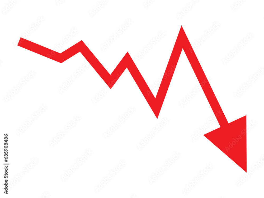 Red arrow going down stock icon on white background. Decrease, Bankruptcy, financial market crash icon for your web site design, logo, app, UI. graph chart downtrend symbol.chart going down sign. Red arrow going down stock icon on white background. Decrease, Bankruptcy, financial market crash icon for your web site design, logo, app, UI. graph chart downtrend symbol.chart going down sign.
