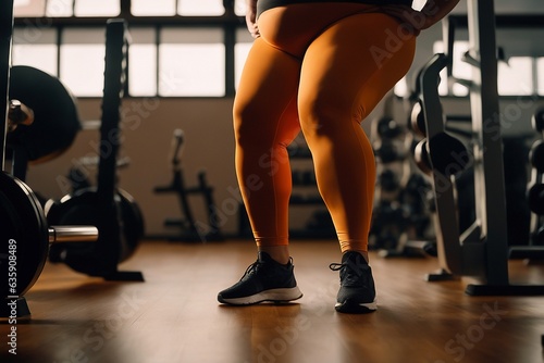 Legs of overweight woman in orange leggings at the gym doing aerobic movements