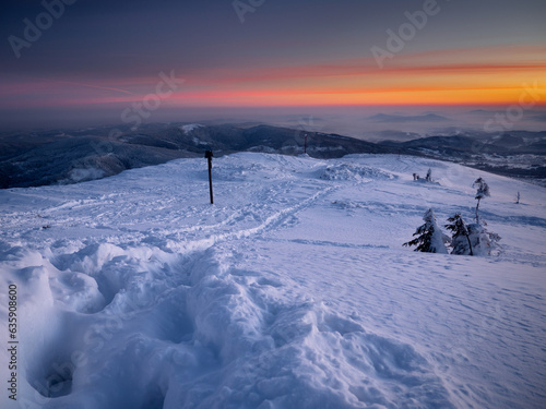 An unbelievable winter landscape in the Beskid Żywiecki, Babia Góra. A frosty morning in the Beskid Mountains in Poland. Mountain Winter Photocanvas.