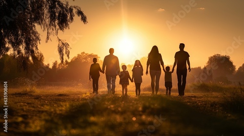 Bouncing a family the sunset hand in hand love relationship of family bonding moment family walking on grass field meadow sunset moment peaceful enjoy family,ai generate