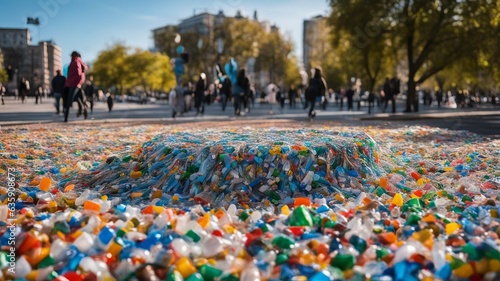 A section of a city street is completely littered with plastic trash and garbage