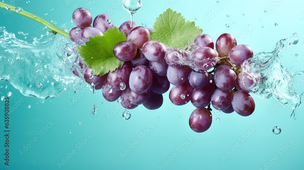 a bunch of grapes floating in water with a green leaf. generative ai a bunch of grapes floating in water with a green leaf. generative ai
