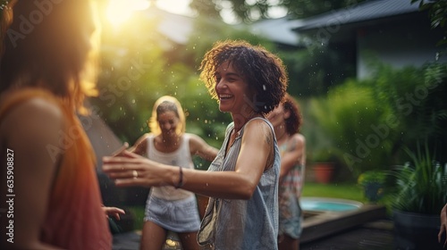 group of lgbtq friend celebrate party relax carefree dancing with happiness and leisure in the garden park home sunset moment,happiness friend cheering free summer party lifestyle together,ai generate