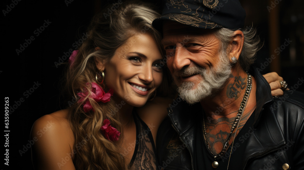 Happy senior couple. Older people doing romantic date for celebrating anniversary. Hipster tattoo love concept. Happy senior couple. Older people doing romantic date for celebrating anniversary. Hipster tattoo love concept.