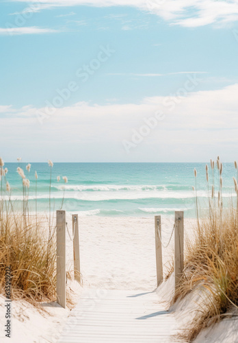 Wooden boardwalk leading to a sandy beach with tall grasses. The ocean and the sky are light blue with white waves and clouds. The image has a peaceful and serene mood. 