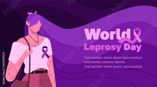 World Leprosy Day 30 January. Young modern woman with violet hair and color purple ribbon. Light purple text. Awareness, healthcare and medical concept. Modern design suitable for poster. photo