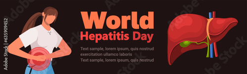 Banner design for World Hepatitis Day. Woman suffering from liver pain, holding her side with her hands. Sore point highlighted in red. Liver disease. Medicine, diagnostics and anatomy concept.  