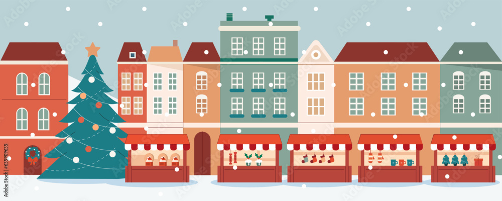 Merry Christmas concept. Christmas market streets in old town and souvenir kiosks with holiday gifts, food and drinks. Vector illustration.