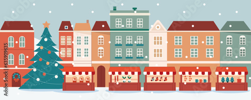 Merry Christmas concept. Christmas market streets in old town and souvenir kiosks with holiday gifts, food and drinks. Vector illustration.