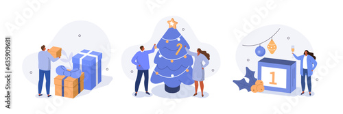 Business people illustrations set. Collection of characters in office decorating Christmas tree, packing gifts boxes and celebrating New Year party. Vector illustration.