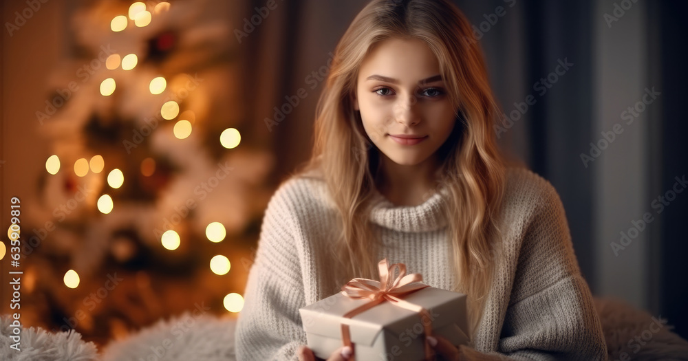 Young girl holding gift box on New Year's Eve inside the house Young girl holding gift box on New Year's Eve inside the house