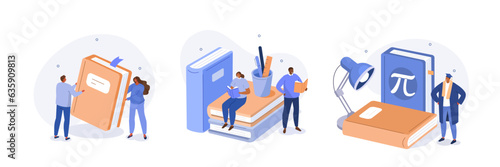 Education concept illustrations set. Students solving homework tasks together, preparing to exam, studying with book on various subjects. Vector illustration.