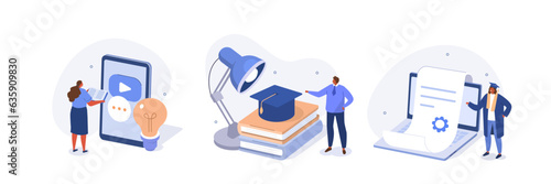 Education concept illustrations set. Students preparing to start a new academic year and studying with book on various subjects. Vector illustration.