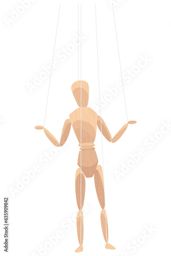 Wooden marionette with joints. Wood human anatomy, statue doll or handmade puppet theater toy men figure. Dummy or mannequin at control rope, vector illustration