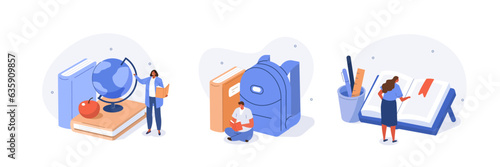 Education concept illustrations set. Students studying with book online on educational platform and achieving academic certificate or diploma. Vector illustration.