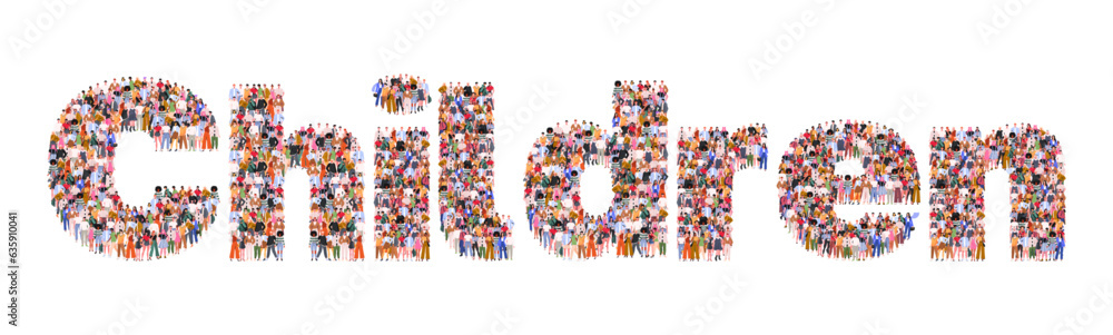 Large group of people forming word Child. Happy Children's Day. People crowd concept. Flat vector illustration isolated on white background Large group of people forming word Child. Happy Children's Day. People crowd concept. Flat vector illustration isolated on white background