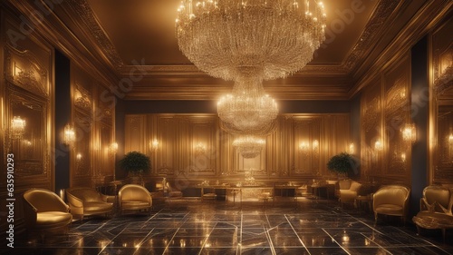 A huge gold rich room where everything is made of gold, a huge glowing gold chandelier. photo