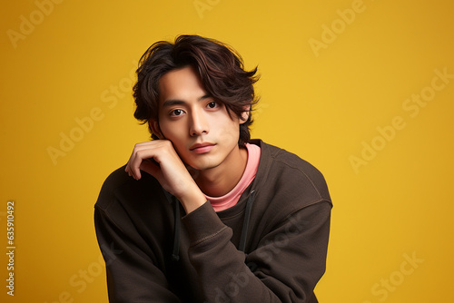Portrait photo of serious young trans masculine Asian man on a yellow background. © NaphakStudio