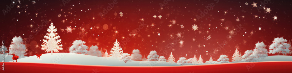 Christmas red background with Christmas tree. Flat lay, top view, copy space