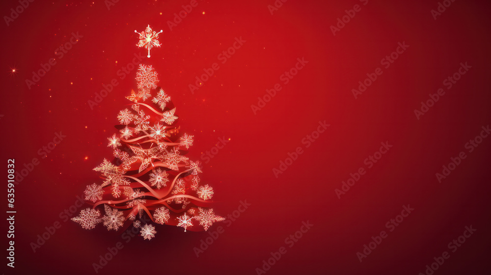 Christmas red background with Christmas tree. Flat lay, top view, copy space Christmas red background with Christmas tree. Flat lay, top view, copy space