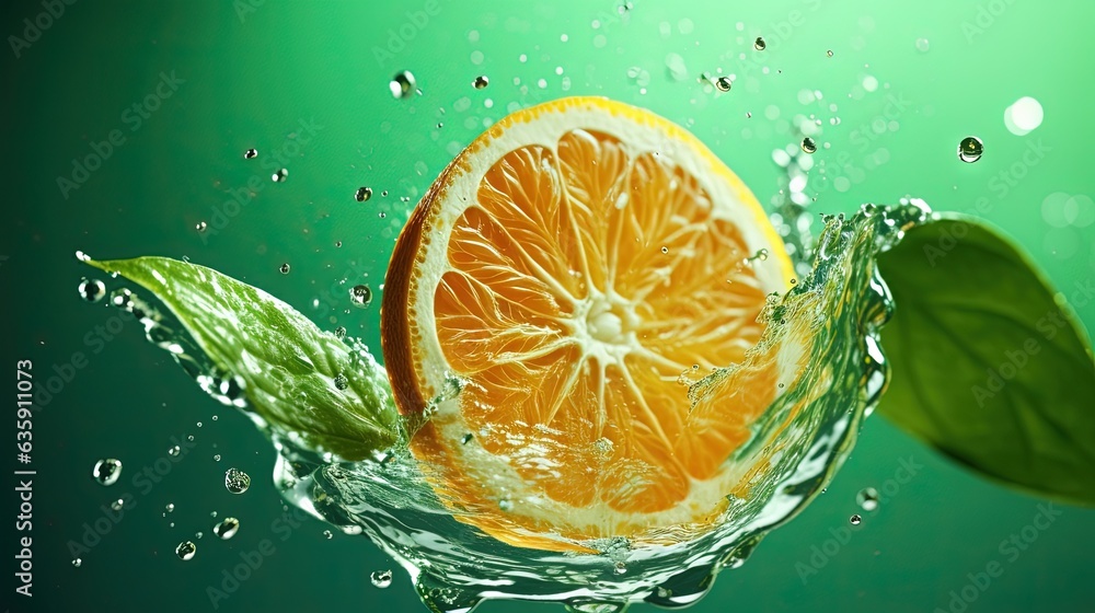 an orange is cut in half with water splashing around it. generative ai an orange is cut in half with water splashing around it. generative ai
