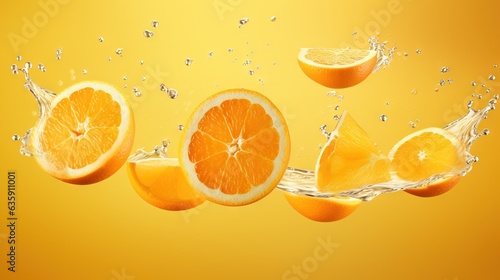  a group of oranges being dropped into a yellow background. generative ai