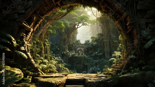 A tropical jungle with a open door in middle, HDR,