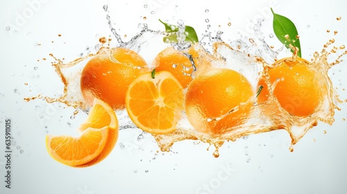  a group of oranges with water splashing on them. generative ai