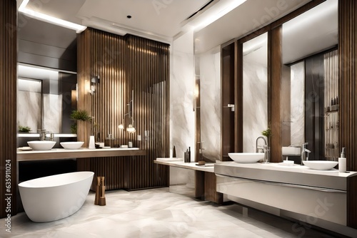 Modern hotel bathroom interior with double sink and bathtub  accessories   Generative ai